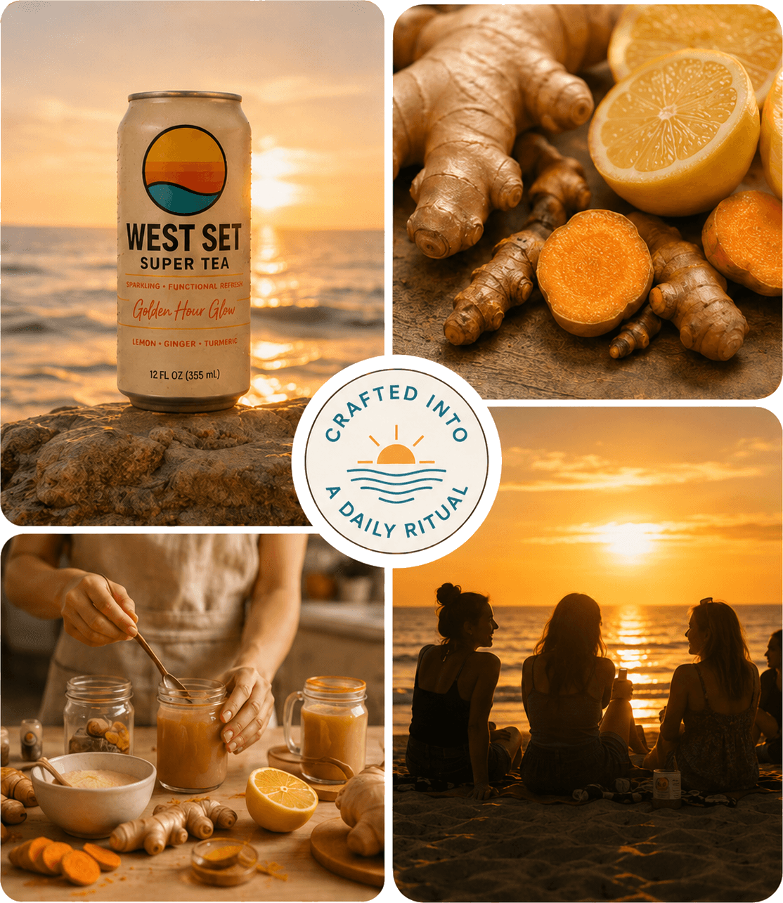 West Set story collage showing the can, botanicals, kitchen craft, and beach ritual